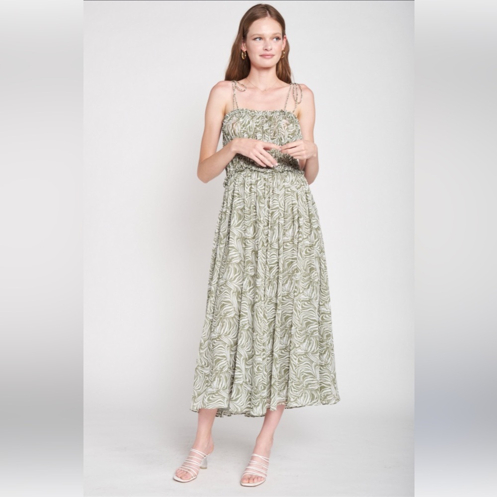 En Saison Sole Abstract Green Print Tie Sleeve Sundress SIZE S NWOT